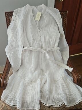 G by Guess White Long-Sleeve Gauze Button Dress with Braided Belt